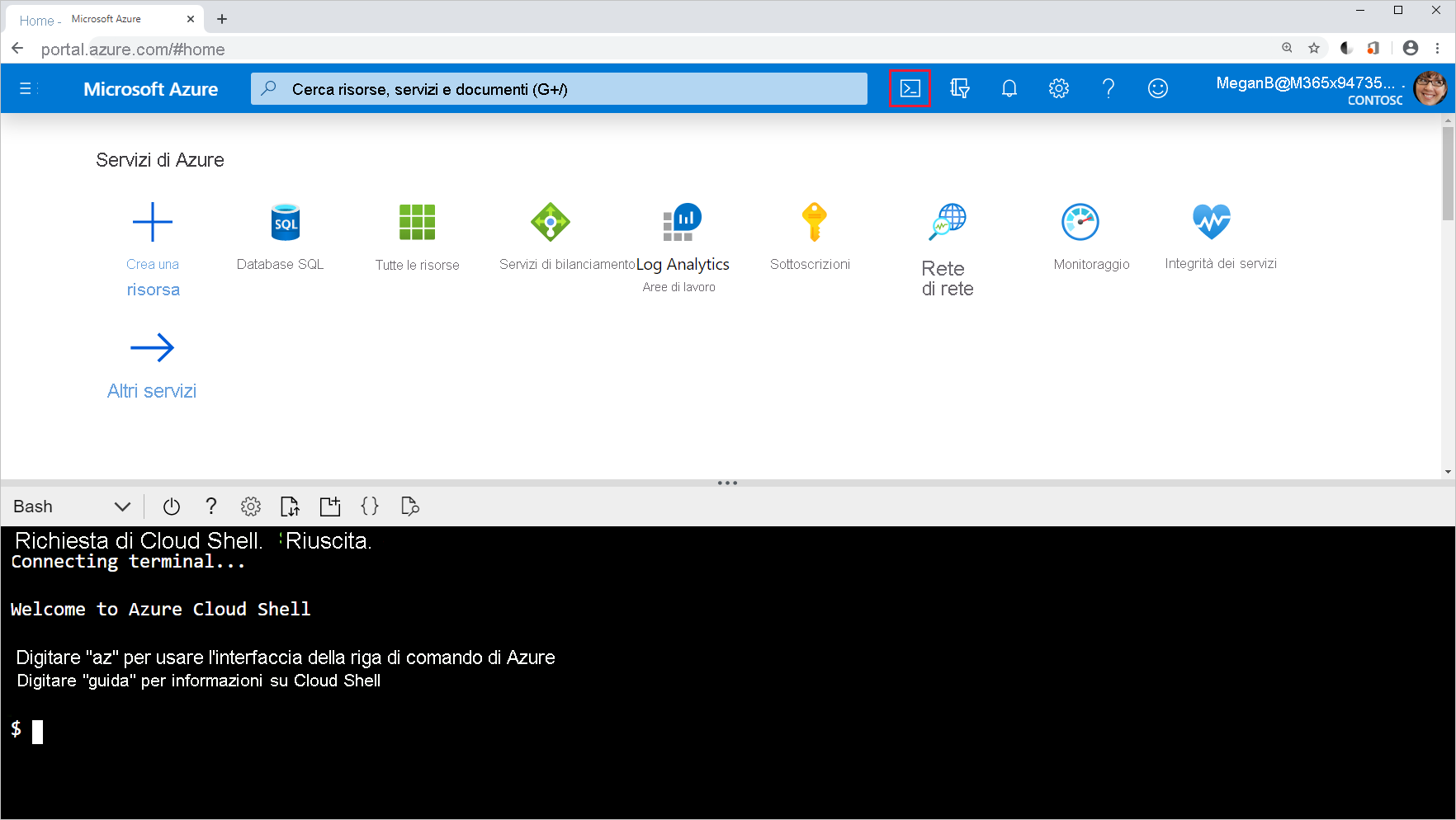 Screenshot dell'icona di Cloud Shell nel portale di Azure.