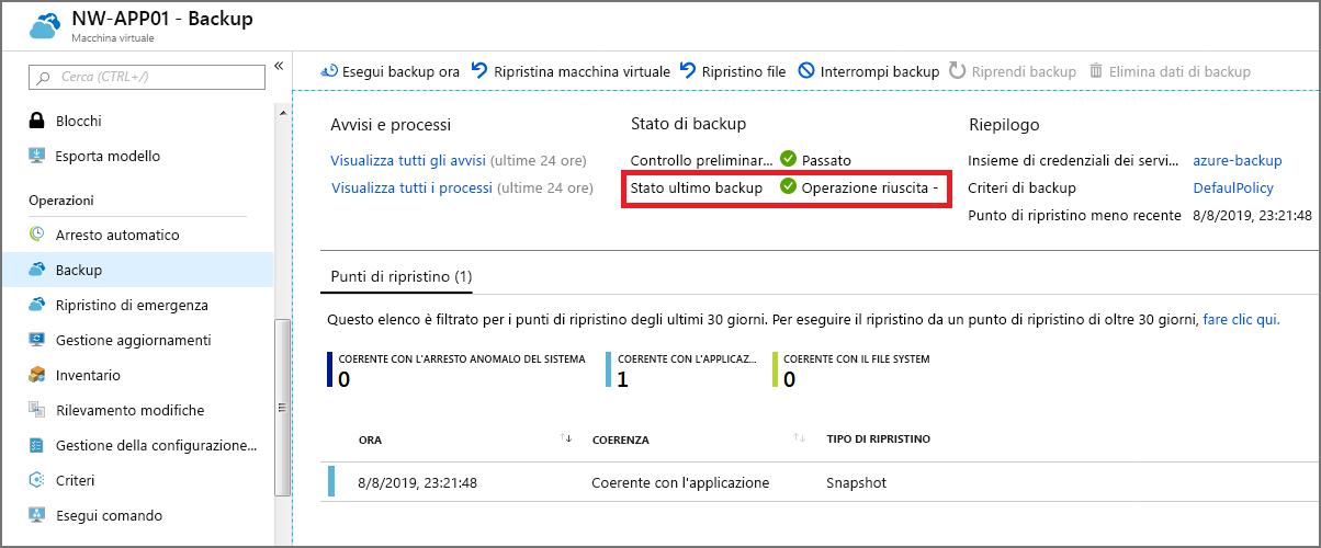 Screenshot della pagina Backup dopo la configurazione.