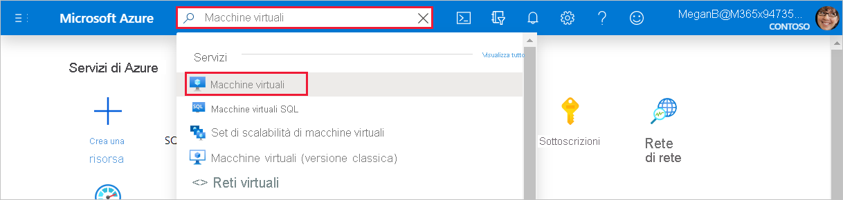 Screenshot che illustra la ricerca di macchine virtuali.