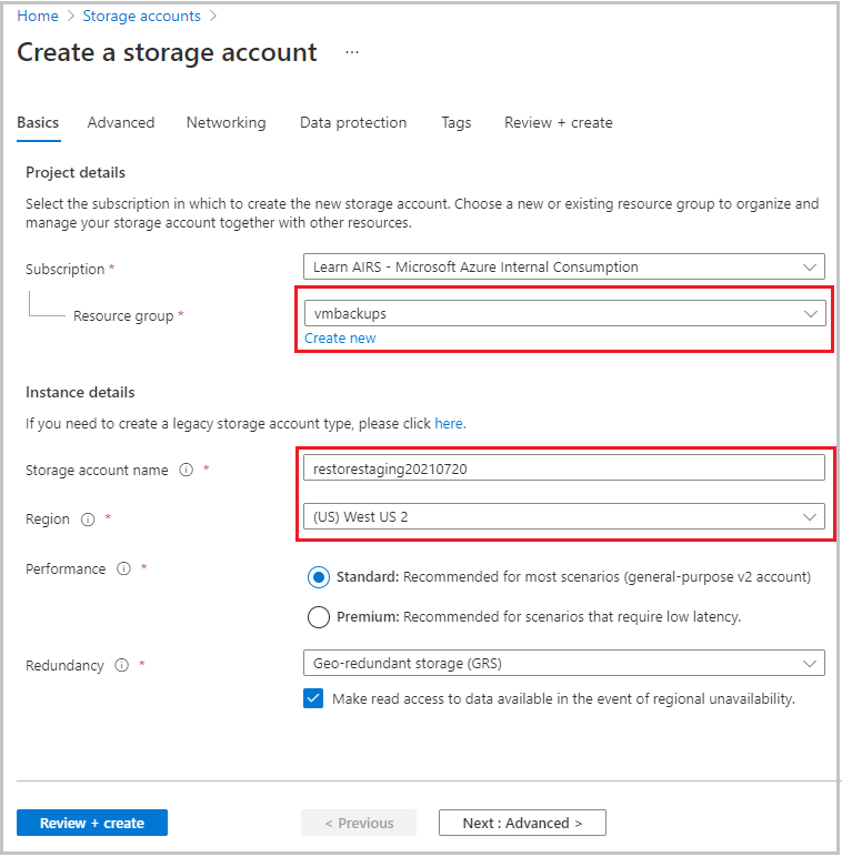 Specificare le opzioni degli account di archiviazione di Azure.