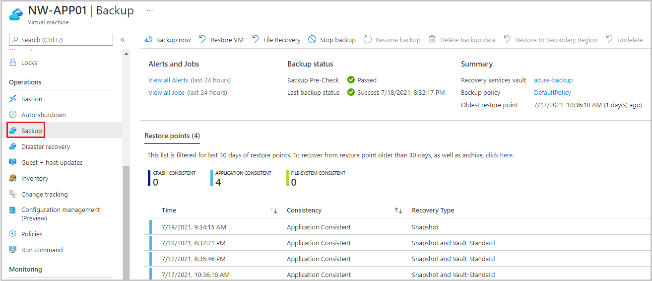 Screenshot dell'operazione Backup per una macchina virtuale.