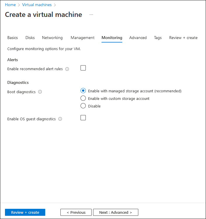 Screenshot che mostra la scheda Monitoraggio della procedura guidata Crea macchina virtuale.