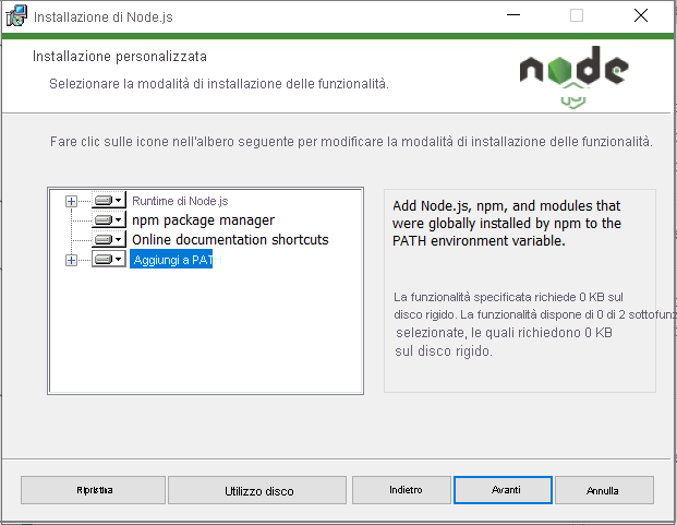 Screenshot che mostra l’installazione personalizzata delle opzioni Node.js nella procedura guidata.