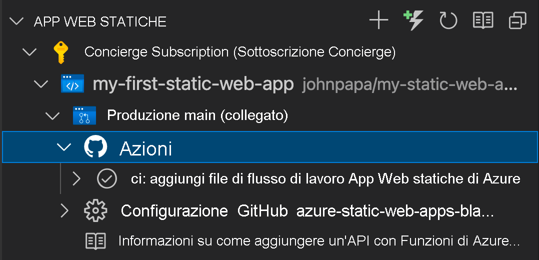 Screenshot che mostra come controllare lo stato di avanzamento tramite GitHub Actions.