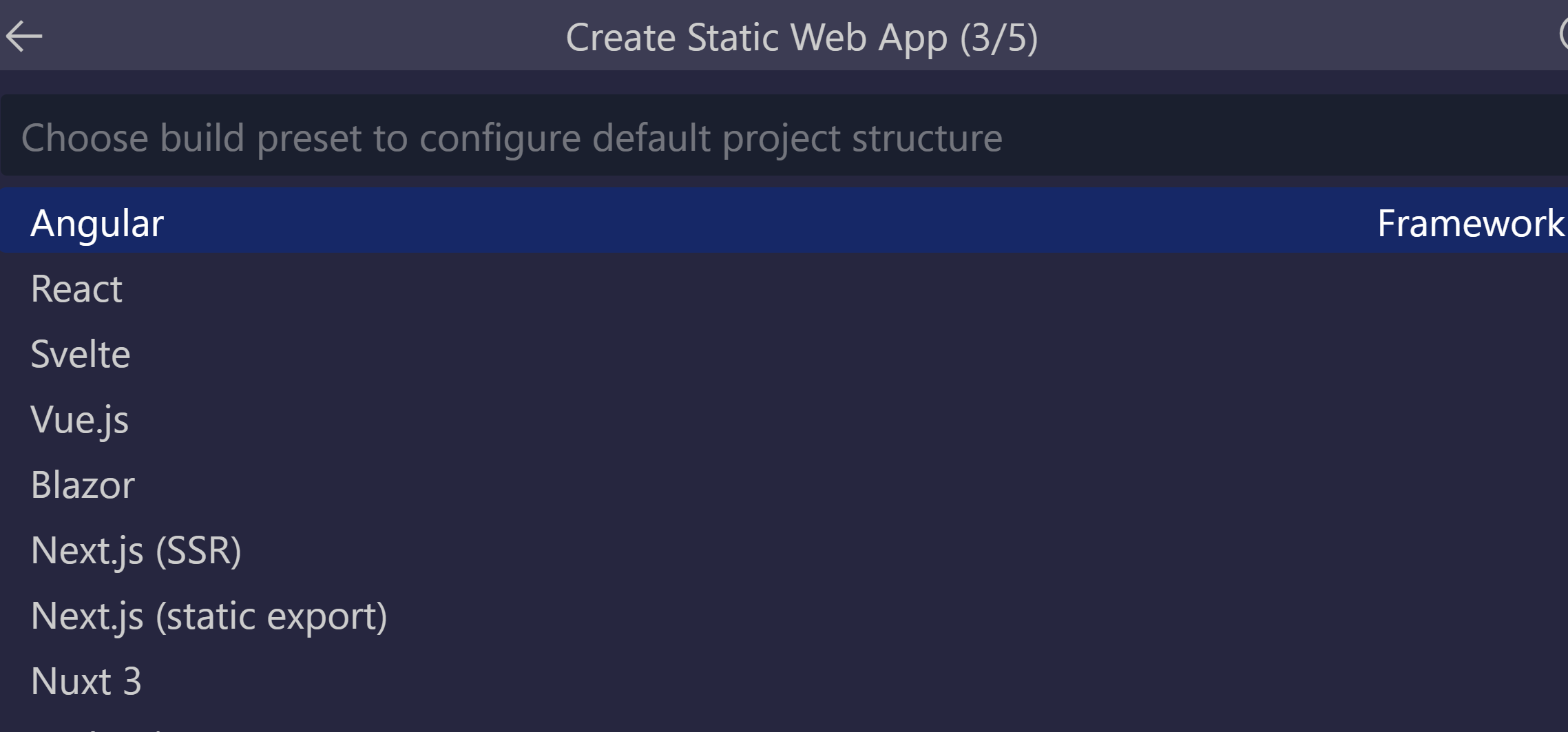 Screenshot che mostra l'opzione Angular selezionata.