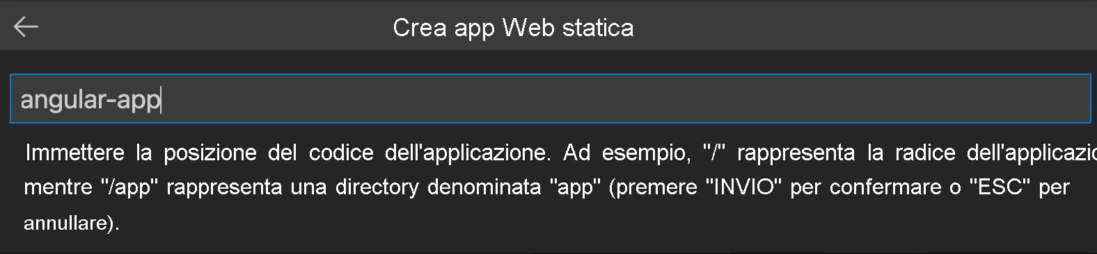 Screenshot che mostra il percorso del codice immesso come app Angular.