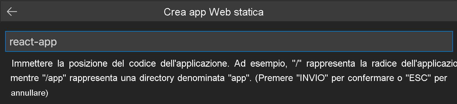 Screenshot che mostra il percorso del codice immesso come app React.