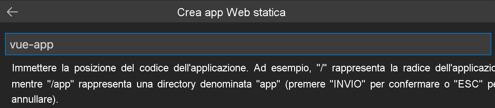 Screenshot che mostra la posizione del codice immessa come app Vue.