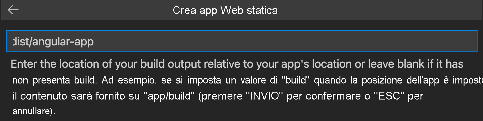 Screenshot che mostra come immettere il percorso di output della compilazione per Angular.