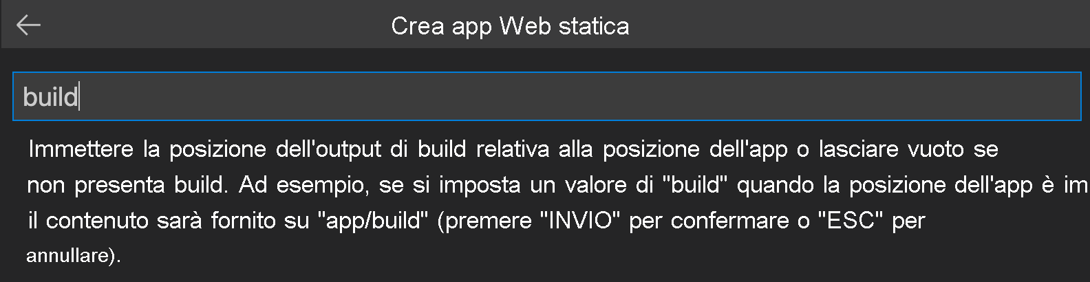 Screenshot che mostra come immettere il percorso di output della compilazione per React.