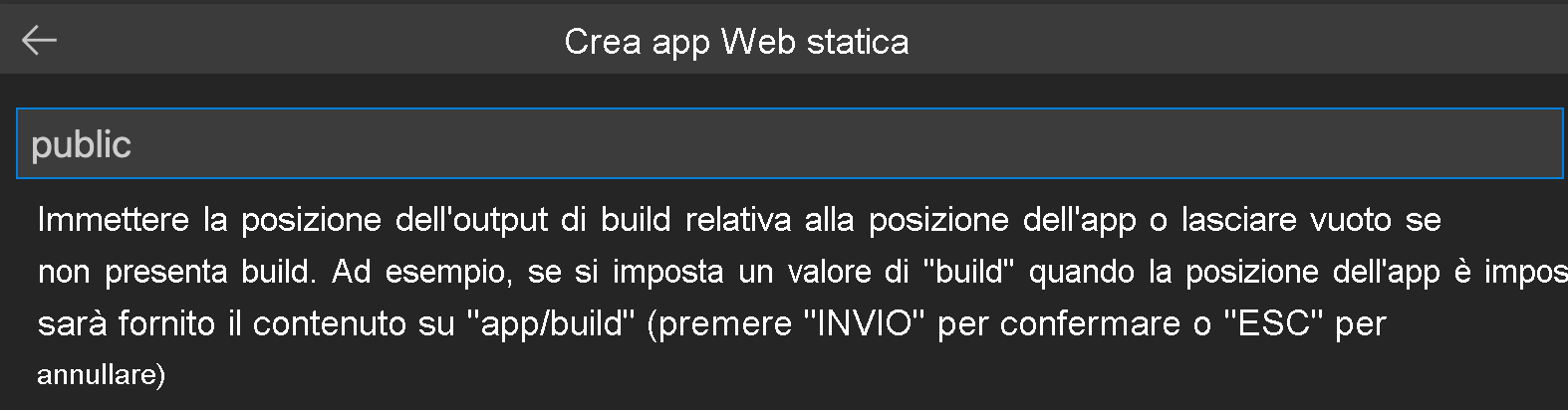 Screenshot che mostra come immettere il percorso di output della compilazione per Svelte.