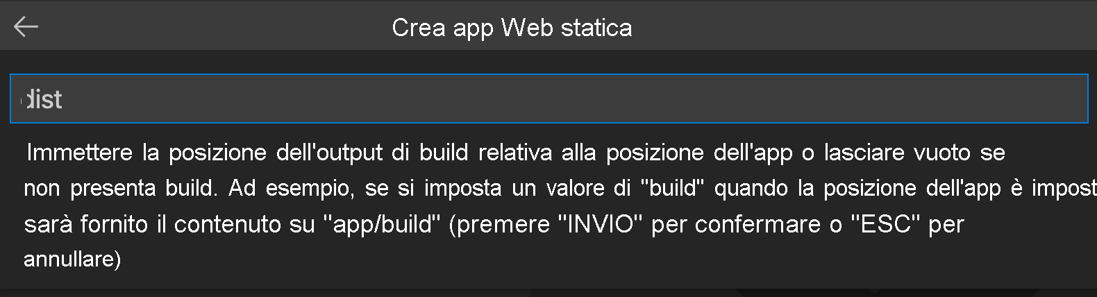 Screenshot che mostra come immettere il percorso di output della compilazione per Vue