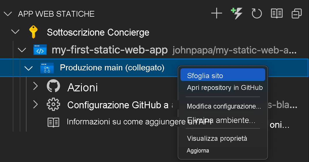 Screenshot che mostra come passare al sito dell'app Web statica.