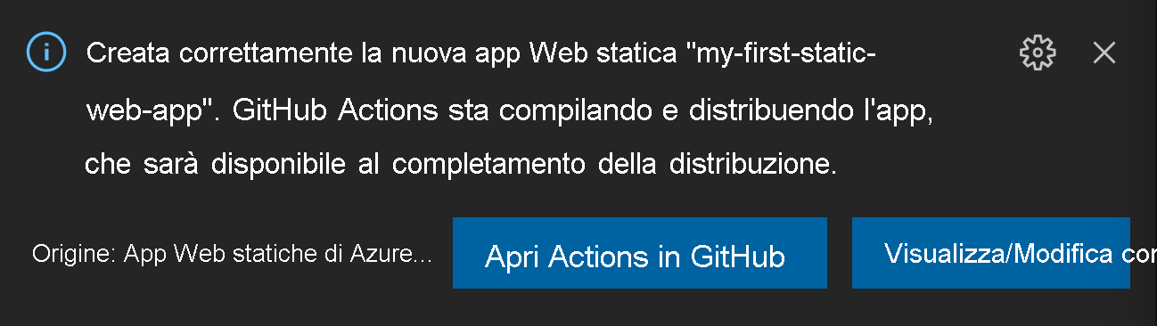 Screenshot del codice di conferma che chiede all'utente di aprire le azioni in GitHub o Visualizza/Modifica configurazione.