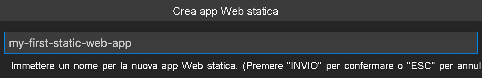 Screenshot che illustra come creare una nuova app Web statica.