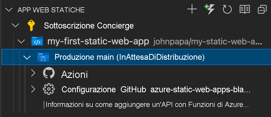 Screenshot dell'interfaccia utente di VS Code che mostra l'attesa della distribuzione.