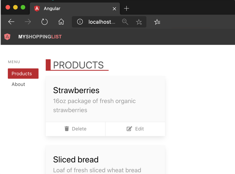 Screenshot che illustra l'applicazione di esempio Angular.