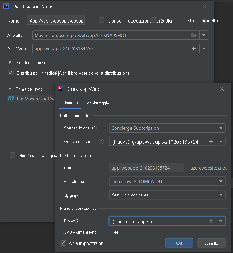 Screenshot della configurazione di una nuova app Web di Azure in IntelliJ IDEA.