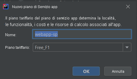 Screenshot della finestra di dialogo Crea piano di servizio app.