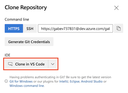 Screenshot di Azure DevOps che mostra le impostazioni del repository con il pulsante Clona in VS Code evidenziato.