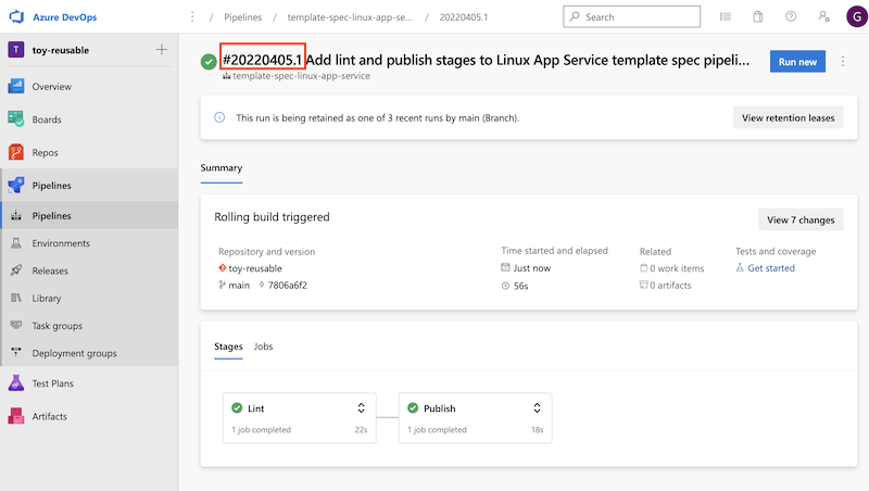 Screenshot di Azure Pipelines che mostra un'esecuzione della pipeline riuscita ed evidenzia il numero di build.