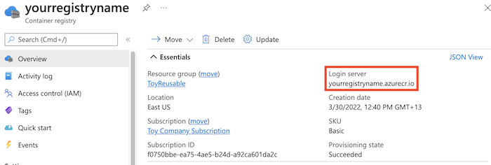 Screenshot del portale di Azure che mostra i dettagli del registro contenitori, con il server di accesso evidenziato.