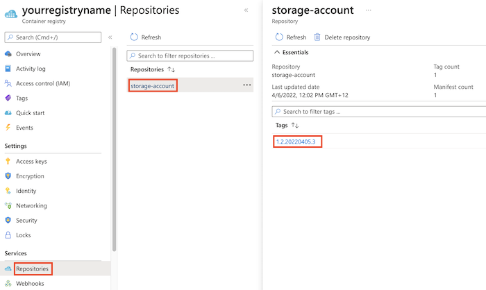 Screenshot del portale di Azure che mostra un modulo Bicep nel registro contenitori.