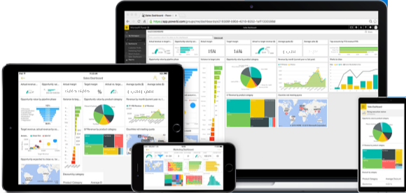 Foto di telefoni e tablet che eseguono le app Power BI per dispositivi mobili.