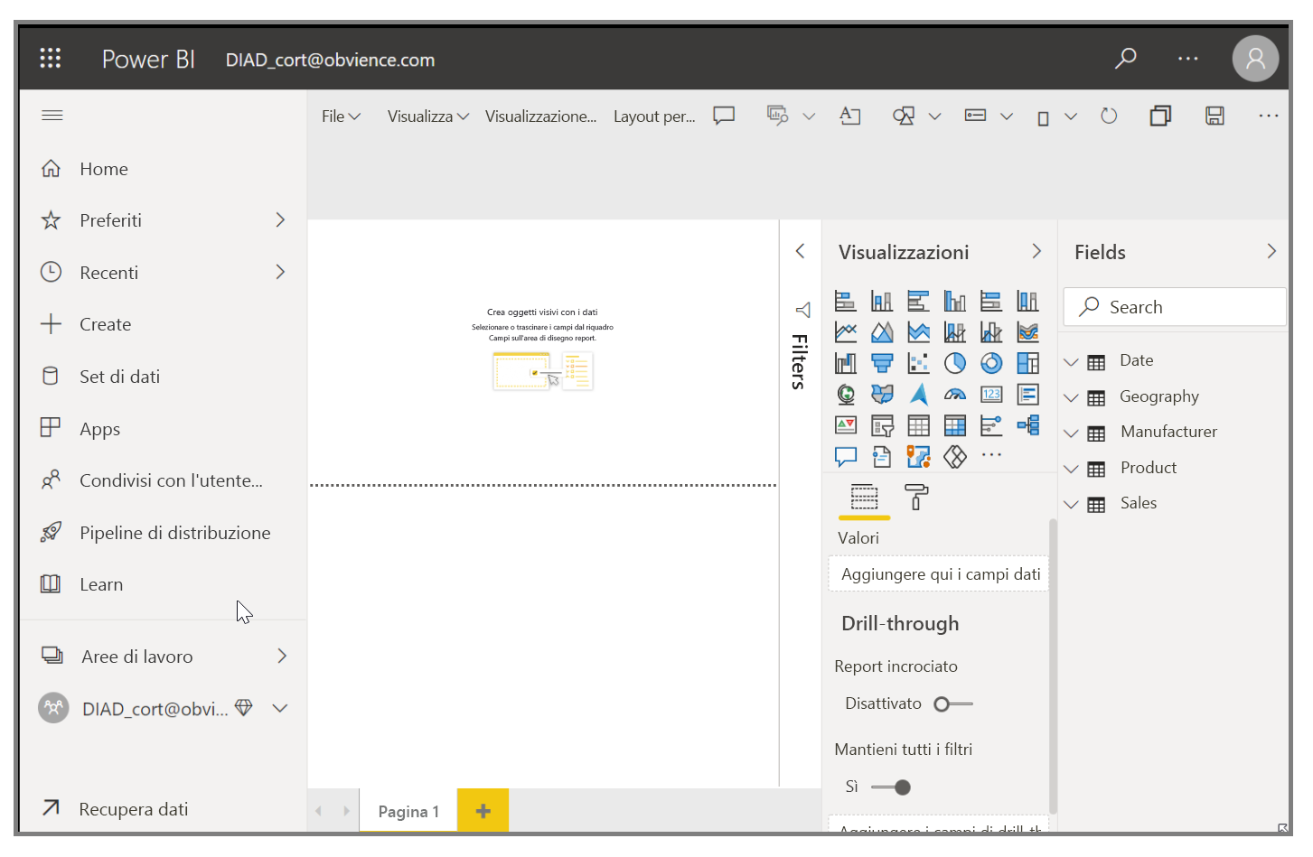 Screenshot di Power BI con un dashboard importato.