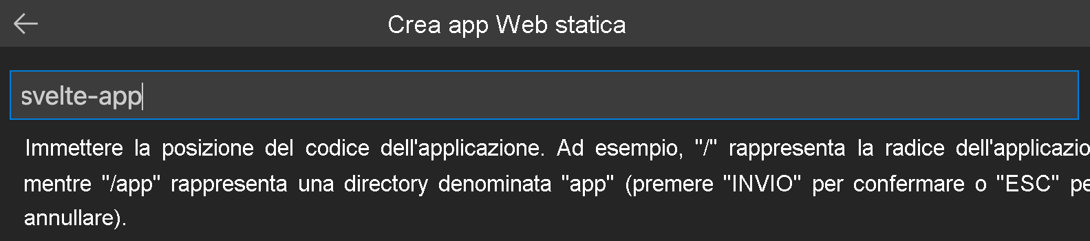 Screenshot che mostra il percorso del codice dell'applicazione Svelte.