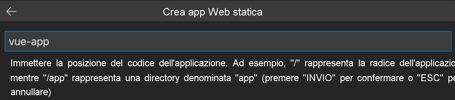 Screenshot che mostra il percorso del codice dell'applicazione Vue.