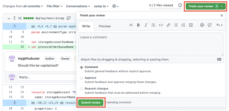 Screenshot di GitHub che mostra il pannello per completare una revisione, con il pulsante per inviare una revisione evidenziato.