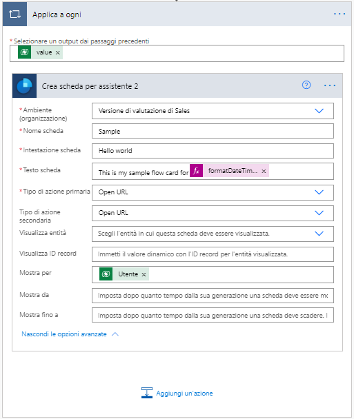 Finestra di dialogo Applica a ogni contenente il comando Crea scheda per assistente.