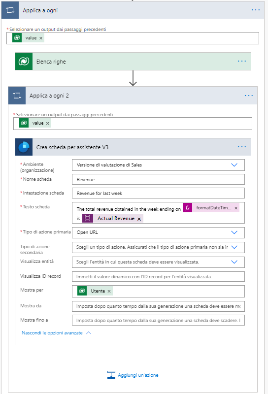 Applica a ogni con l'azione Elenca record, quindi Applica a ogni 2 con l'azione Crea scheda per assistente.