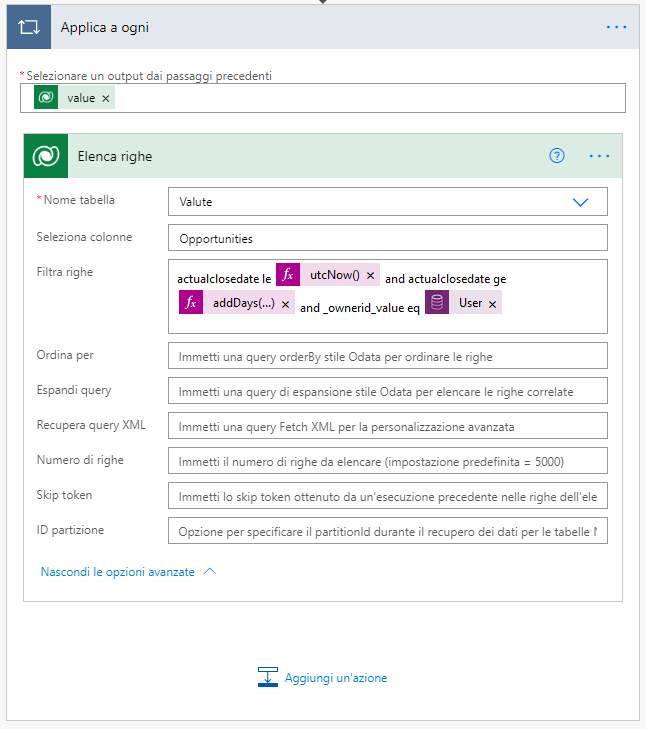 Query filtro è impostato su actualclosedate le utcNow() e actualclosedate ge addDays(...) e _ownerid_value eq User.