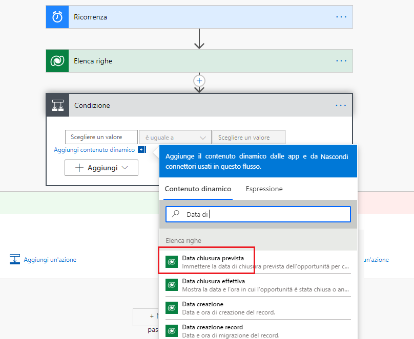 Il valore Condizione è selezionato e nella finestra Contenuto dinamico è visualizzata la data di chiusura del termine di ricerca.