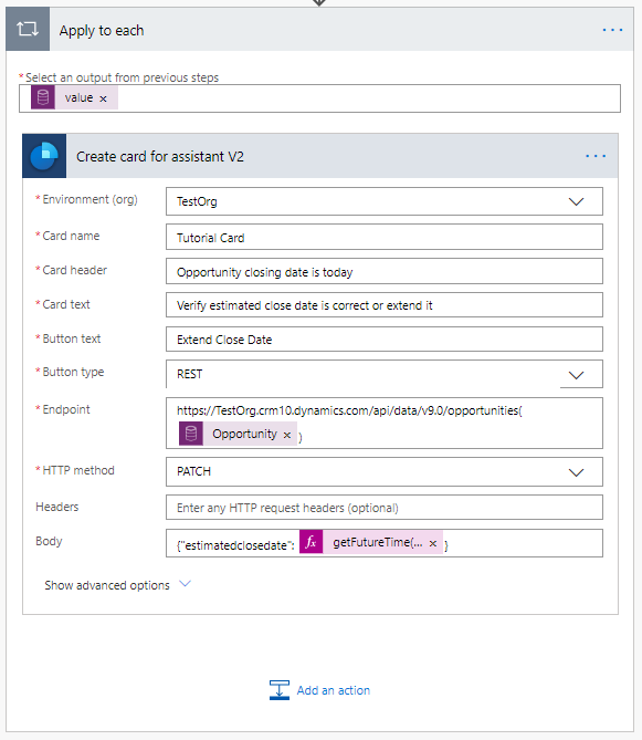 Selezione di REST come tipo di pulsante e aggiunta dell'endpoint OData con l'ID opportunità.