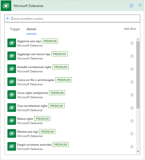 Risultati della ricerca per Dataverse visualizzati nella scheda Azioni, con Elenca record selezionato.