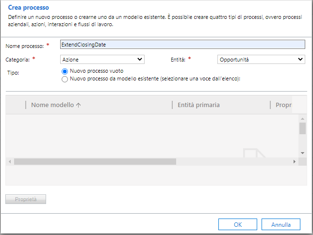 Immettere il nome ExtendClosingDate e selezionare Categoria come Azione e tabella come Opportunità.