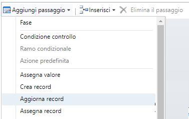 Menu Aggiungi passaggio con l'opzione Aggiorna record selezionata.