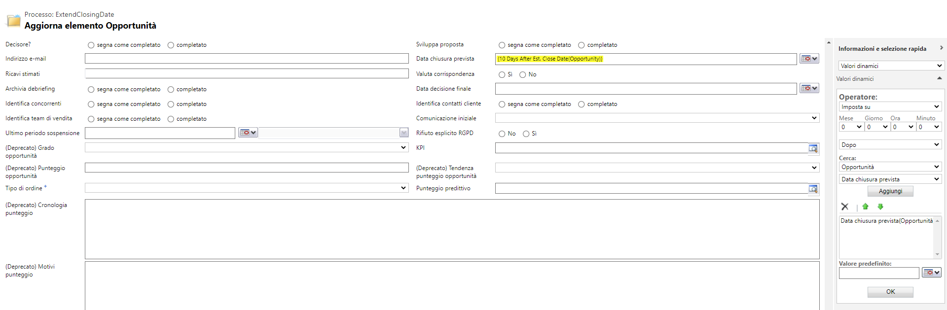 Configurare Data chiusura prevista su 10 giorni dopo la Data chiusura prevista corrente.