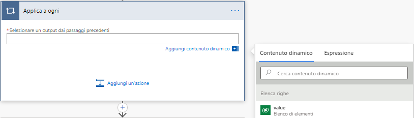 In Applica a ogni, selezionare Aggiungi contenuto dinamico e scegliere il valore Elenco di elementi.