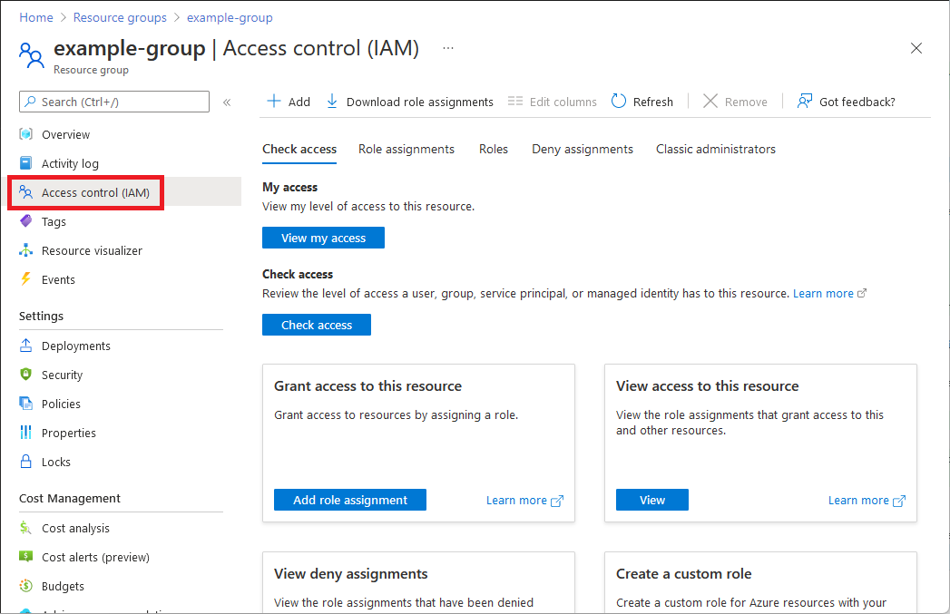 Screenshot che mostra l'opzione Controllo di accesso (IAM) nel riquadro del gruppo di risorse.