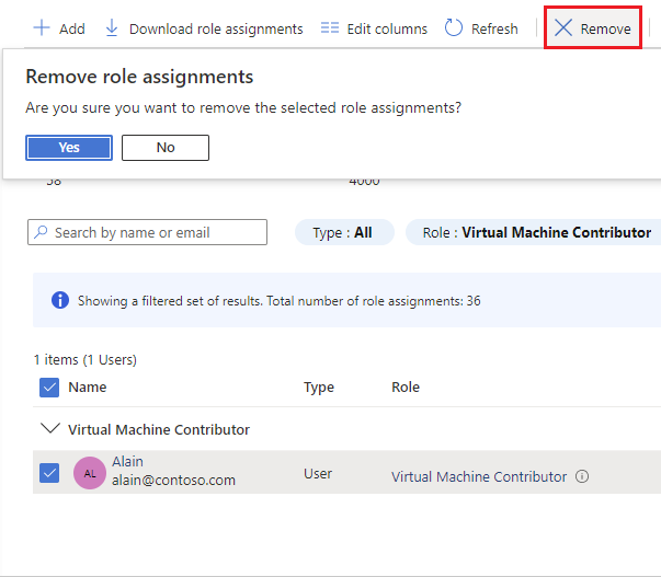 Screenshot that shows the Remove role assignment message.