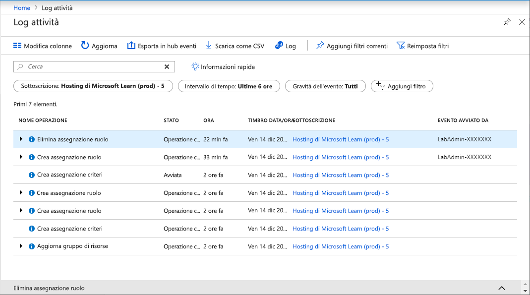 Screenshot of the Azure portal showing the Activity logs.