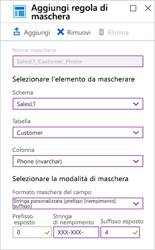 Screenshot del portale di Azure con i valori per aggiungere una regola per la maschera.