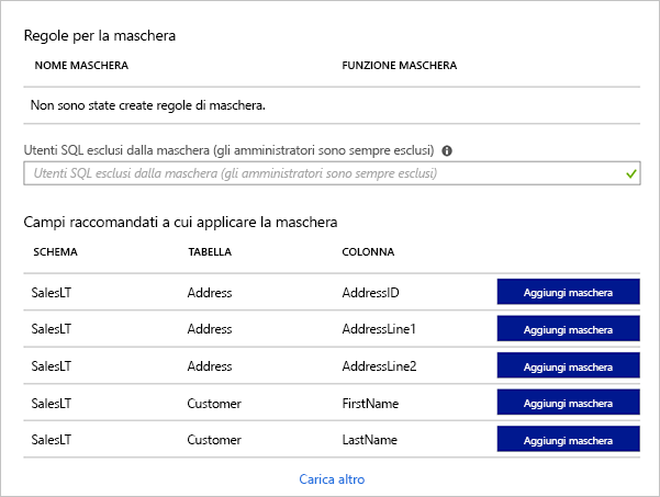 Screenshot del portale di Azure contenente l'elenco delle maschere consigliate per le varie colonne di un database di esempio.