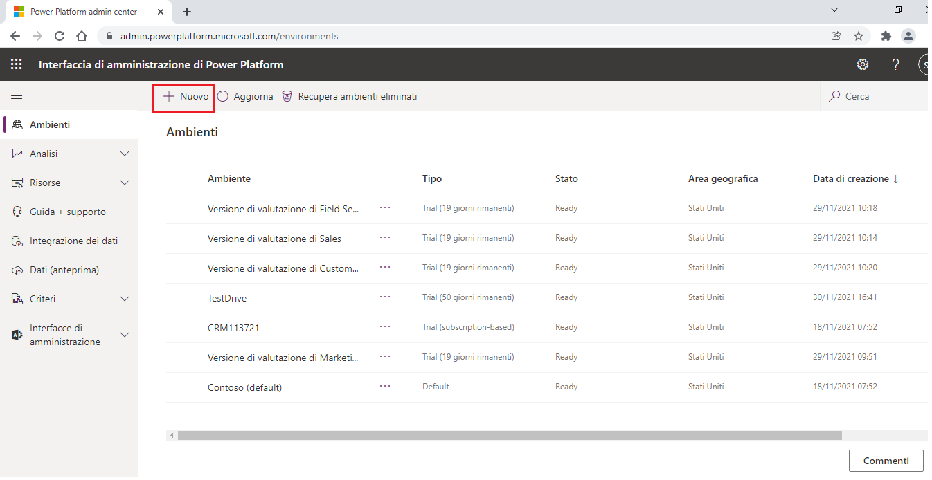 Screenshot dell'interfaccia di amministrazione di Microsoft Power Platform con il pulsante Nuovo evidenziato.