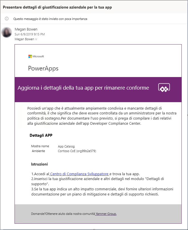 Screenshot dell'e-mail CoE con dettagli e istruzioni dell'app.