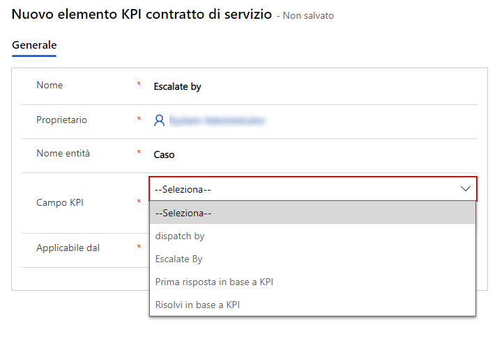 Screenshot della schermata Nuovo K P I del contratto di servizio con il campo K P I ampliato per mostrare il nuovo campo Riassegna per.